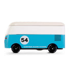 Toy van with blue and white design on a white background
