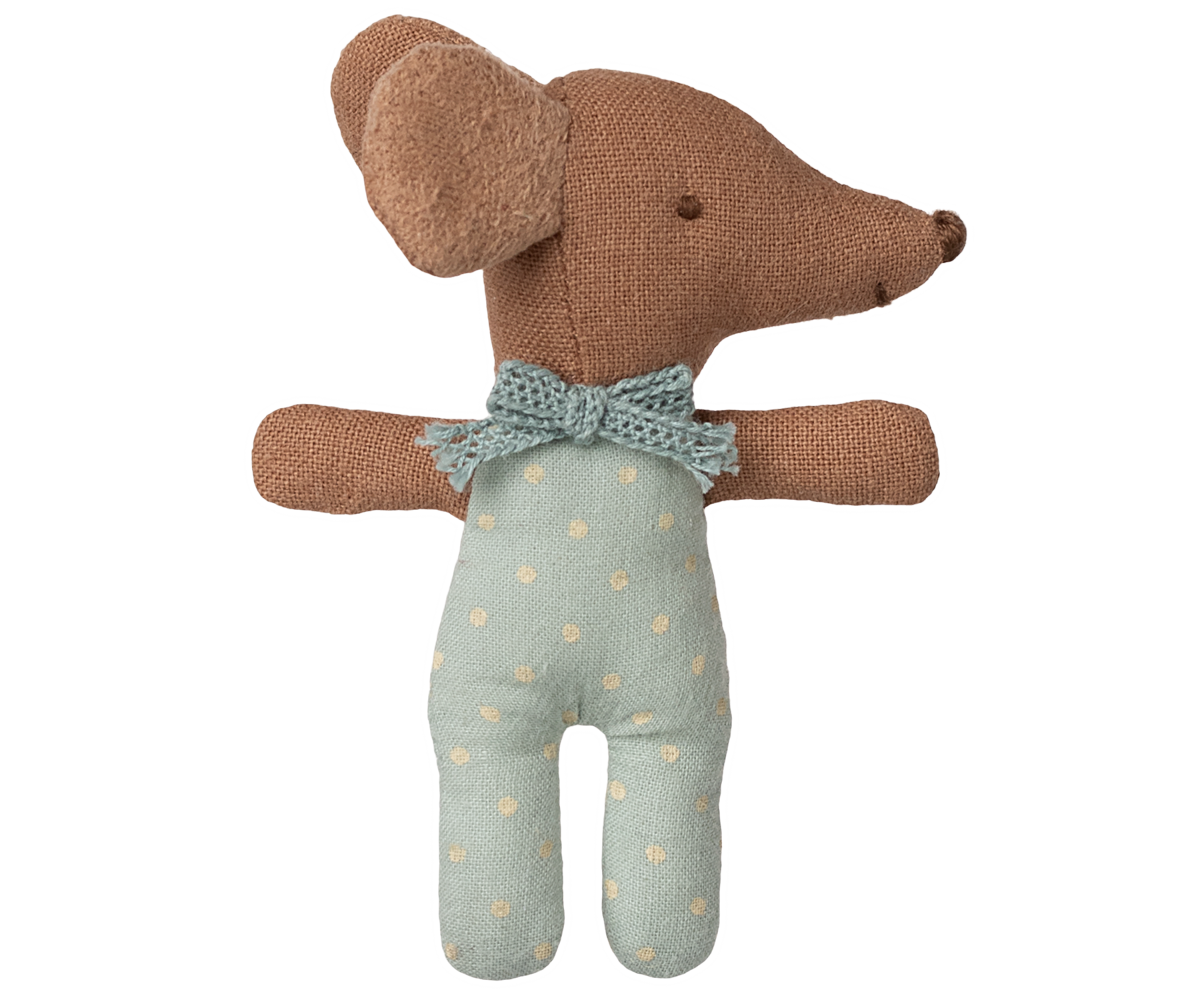 Stuffed toy mouse with a knitted bow tie and patterned outfit on a white background