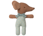 Stuffed toy mouse with a knitted bow tie and patterned outfit on a white background