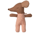Brown plush toy with a pink outfit featuring the brand name on a white background