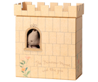 A Maileg toy set featuring an illustrated castle box shaped like a tower, with a small arched window showing a mouse peeking out from inside.