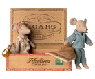 Maileg Mum mouse resting inside a vintage cigar box while Dad mouse stands outside next to it.