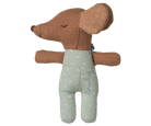 Stuffed toy mouse in a green outfit with gold hearts on a white background