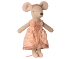 A Maileg Big Sister mouse wearing a peach-patterned dress, lace-trimmed shawl, and a sparkling tiara against a transparent background.