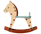Wooden rocking horse with a white body, brown mane, and red-brown saddle on a white background