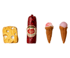 Four novelty items including a yellow cheese block, red sausage, and two ice cream cones with pink tops on a white background.