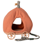 Pumpkin-shaped pet bed with wheels and a leash on a white background