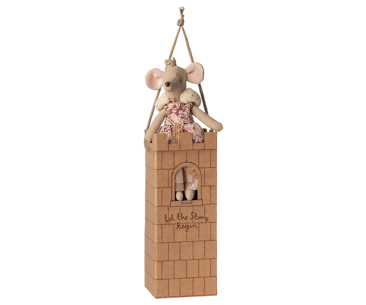 Decorative mouse in a wooden castle with 'Let the Story Begin' text on a white background