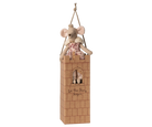 Decorative mouse in a wooden castle with 'Let the Story Begin' text on a white background