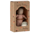 Knitted baby rabbit toy in a decorative box with 'Maileg' branding.