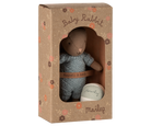 Stuffed toy rabbit in a cardboard box with 'Baby Rabbit' text on a white background