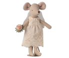 Stuffed mouse toy in a lace dress holding flowers on a white background