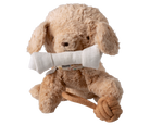 Beige plush dog toy with a white bone and brown rope on a white background