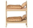 A miniature two-tier dollhouse bed frame with beige fabric bedding and pillows, shown against a plain white background.