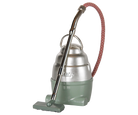 A product photo of the Vacuum Cleaner, Mouse - Dark Mint by Maileg against a transparent background, featuring a vintage-style mint green and silver canister body, a patterned red-and-white flexible fabric hose, and a metal handle with a tiny floor nozzle.
