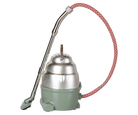 A product photo of the Vacuum Cleaner, Mouse - Dark Mint by Maileg against a transparent background, featuring a vintage-style mint green and silver canister body, a patterned red-and-white flexible fabric hose, and a metal handle with a tiny floor nozzle.