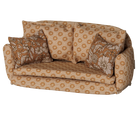A miniature ocher fabric sofa for a toy mouse house, featuring a retro floral pattern in shades of brown and cream, complete with matching back cushions and side pillows against a transparent background.