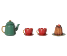 A green metal teapot, two red teacups and saucers, and a miniature cake on a decorative plate, displayed on a transparent background.