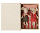 A pair of small plush mouse toys inside an open cream-colored gift box. One mouse wears a red-and-white striped sweater and dark pants, and the other wears a red dress and red-and-white striped top, set against a red-and-white striped fabric background.