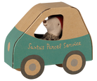 A Maileg Christmas Little Brother mouse peeking out from the window of a teal and cardboard-colored miniature car box labeled "Santa's Parcel Service" on the side.