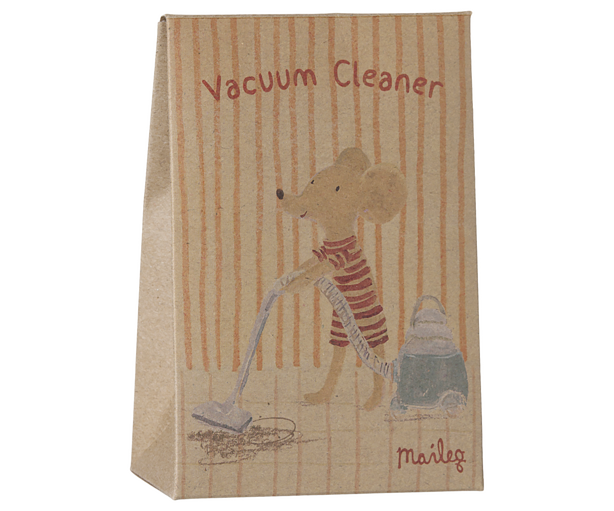 An illustrated product packaging box showing a Maileg mouse in a striped shirt using the Vacuum Cleaner, Mouse - Dark Mint by Maileg against a brown paper background, with the words "Vacuum Cleaner" printed across the top.