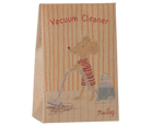 An illustrated product packaging box showing a Maileg mouse in a striped shirt using the Vacuum Cleaner, Mouse - Dark Mint by Maileg against a brown paper background, with the words "Vacuum Cleaner" printed across the top.