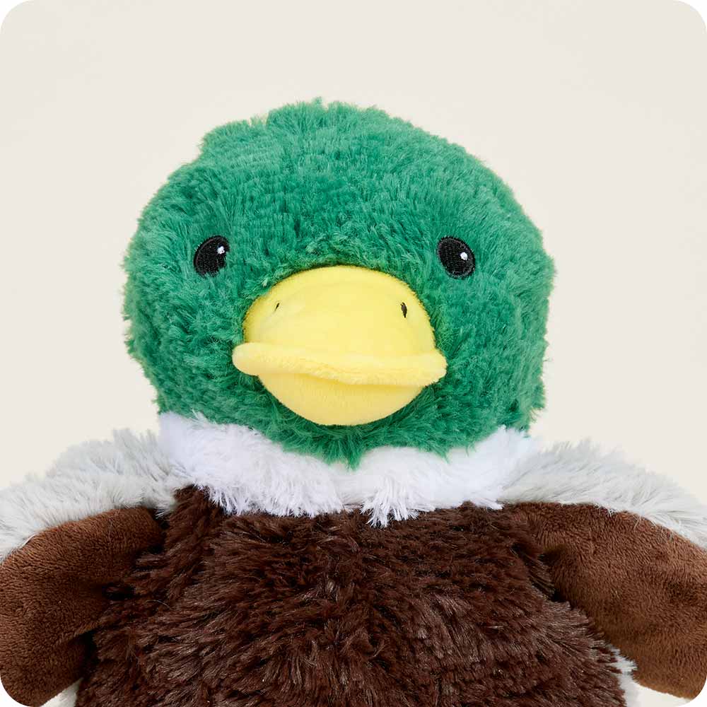 Plush toy resembling a duck with green head, yellow beak, and brown body on a white background