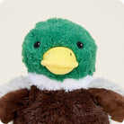 Plush toy resembling a duck with green head, yellow beak, and brown body on a white background