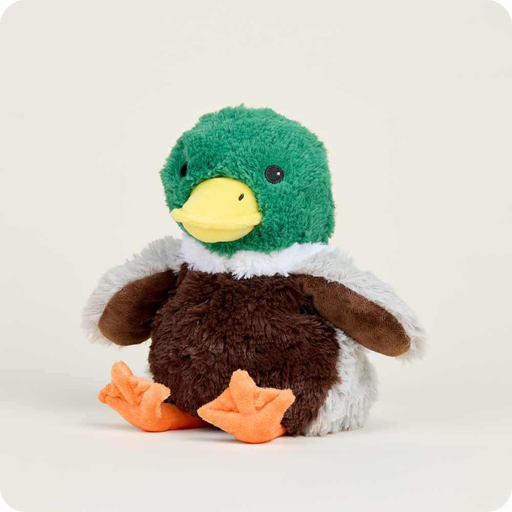 Plush duck toy with green head, brown body, and orange feet on a white background