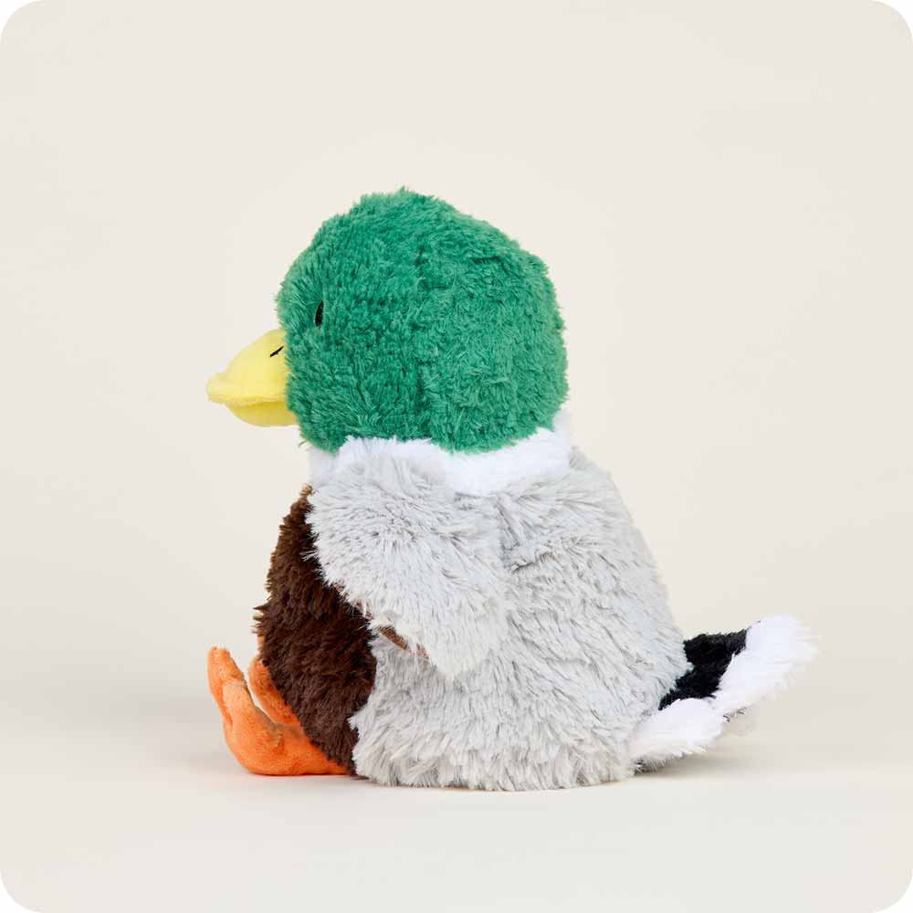 Plush toy duck with green head and brown body on a white background