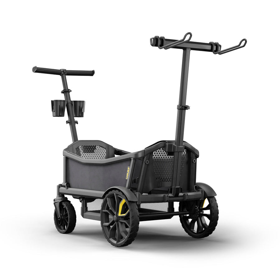 Black and gray wagon with handle and basket on a white background