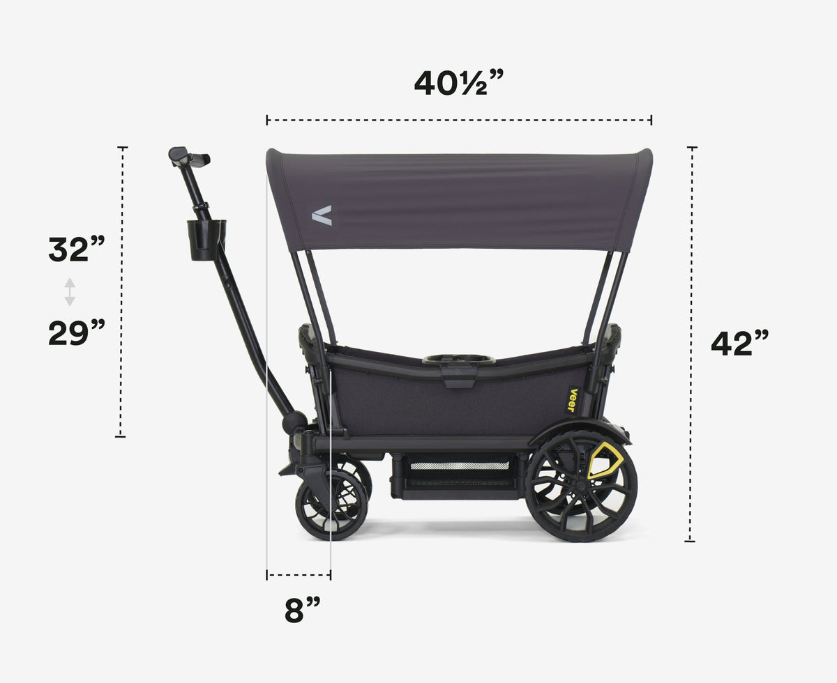 Black stroller with dimensions labeled on a white background