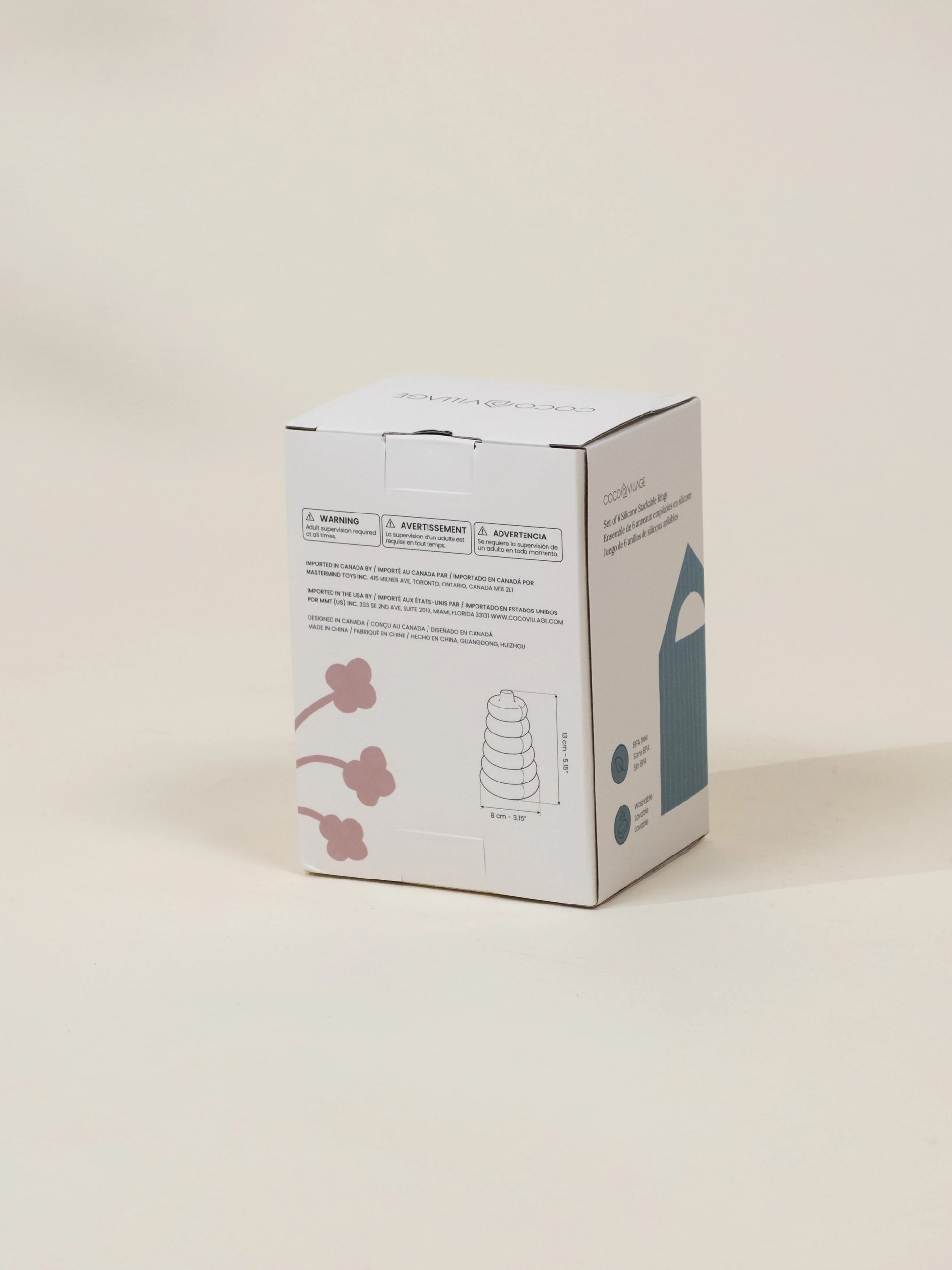 White product packaging box with text and graphics on a beige background
