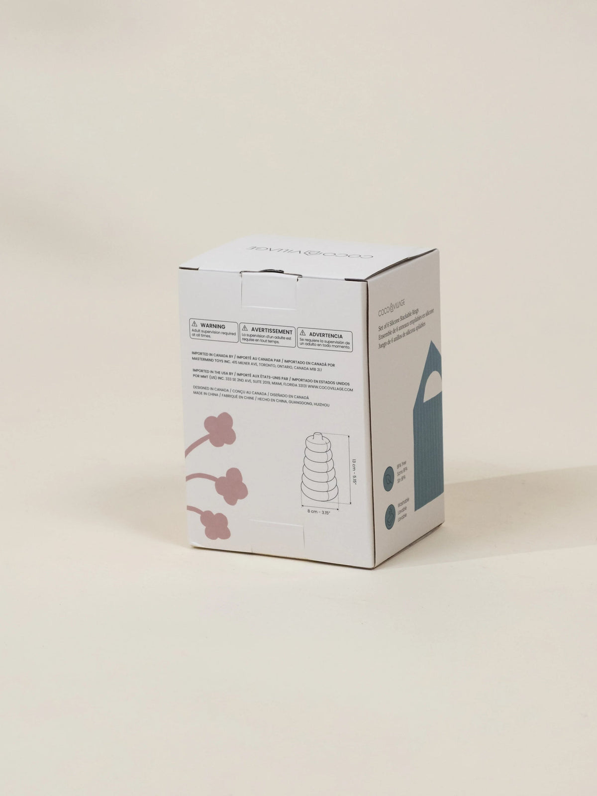White product packaging box with text and graphics on a beige background