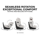 Child car seat with text highlighting seamless rotation and exceptional comfort on a white background