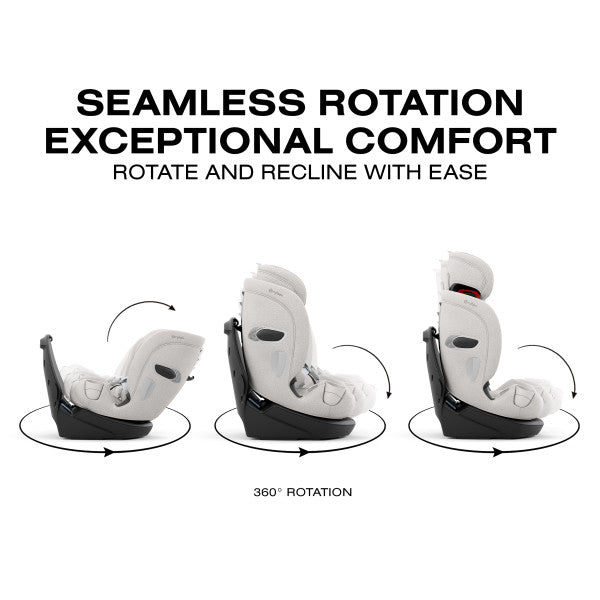 Child car seat with text highlighting seamless rotation and exceptional comfort on a white background