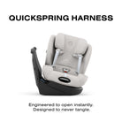 Child car seat with quickspring harness feature on a white background
