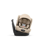 Beige baby car seat with black base on a white background