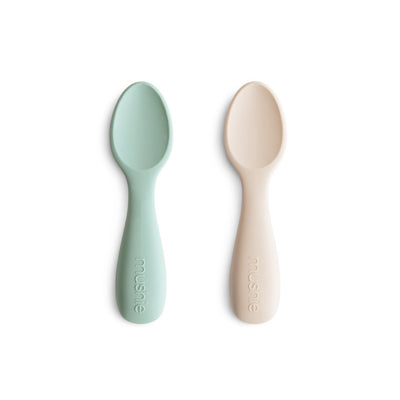 Silicone Toddler Starter Spoons 2-Pack - Cambridge Blue/Shifting Sand by Mushie & Co