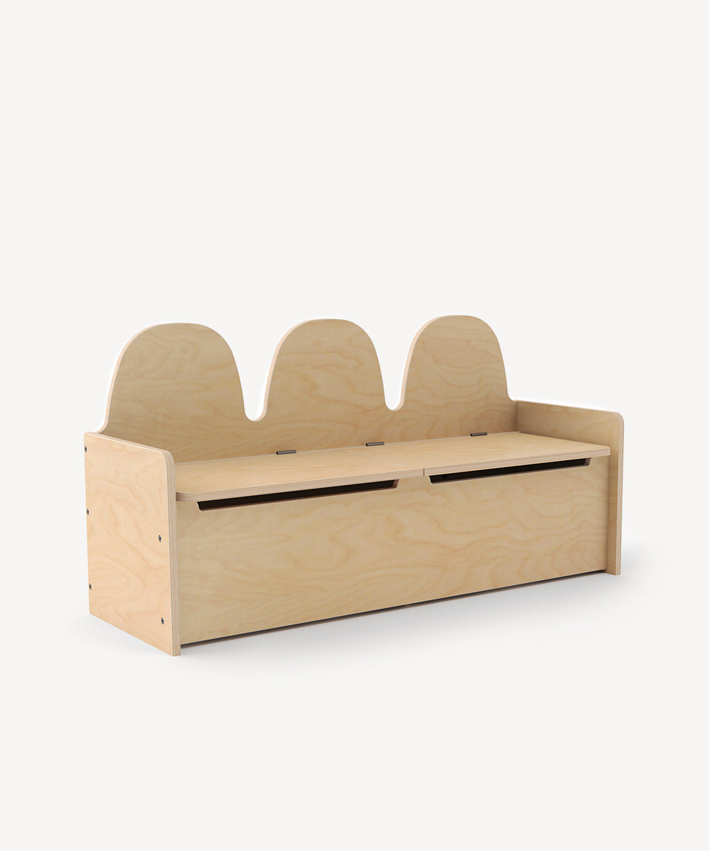 Wooden bench with storage compartments on a white background