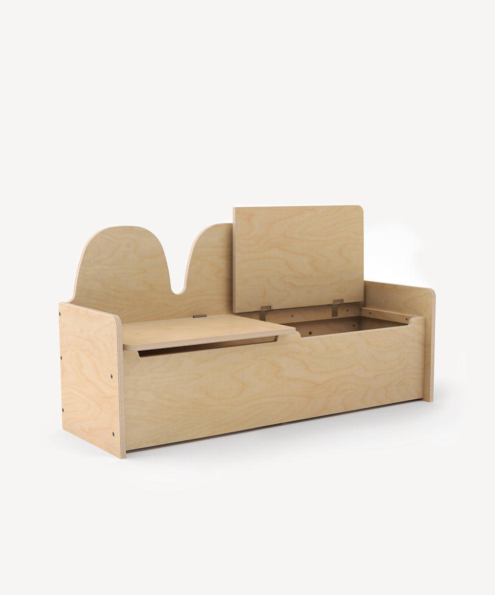 Wooden toy storage bench with lift-top lid on a white background