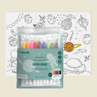 Packaging of Hey! Doodle outer space coloring set with markers and reusable silicone mat on a space-themed background.