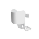A white plastic cup holder or mount with a curved body and a flat mounting bracket, shown on a plain white background.
