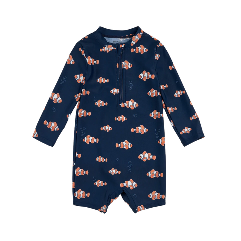 Clownfish Print on Dress Blues Long-Sleeve Swim Romper by Petit Lem