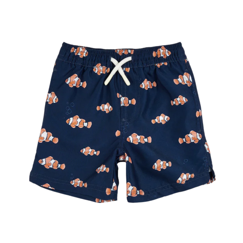 Clownfish Print on Dress Blues Swim Trunks by Petit Lem