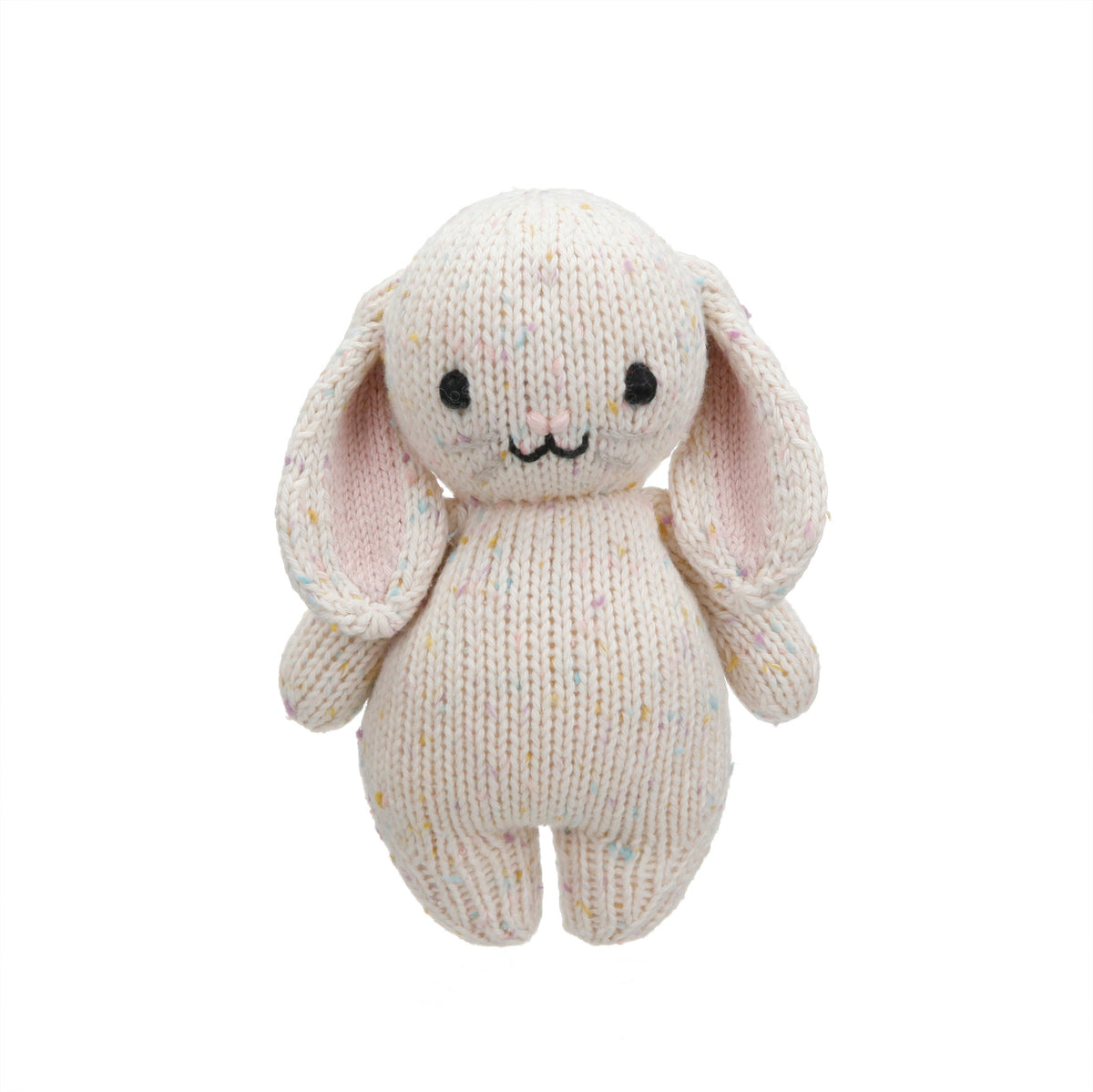 Knitted bunny toy with pink ears on a white background
