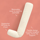 An off-white curved maternity support pillow on a solid coral pink background, surrounded by three white text callouts explaining its features: 'Removable cover is machine washable', 'Supportive fill holds its shape', and 'Flexible design provides targeted belly, back, hip support'.