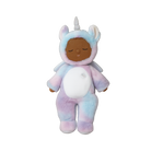 Plush toy in a unicorn costume with a neutral background