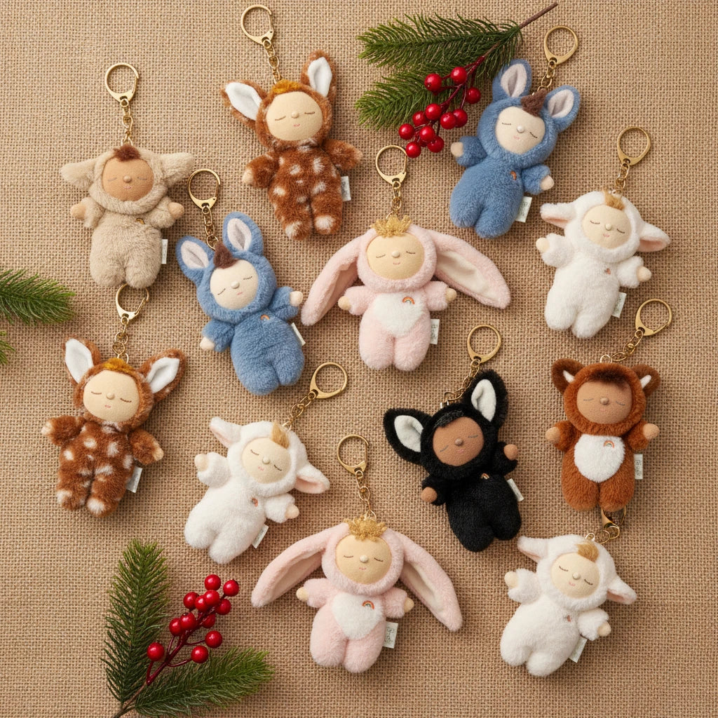 Collection of small animal plush keychains on a textured surface with decorative elements.