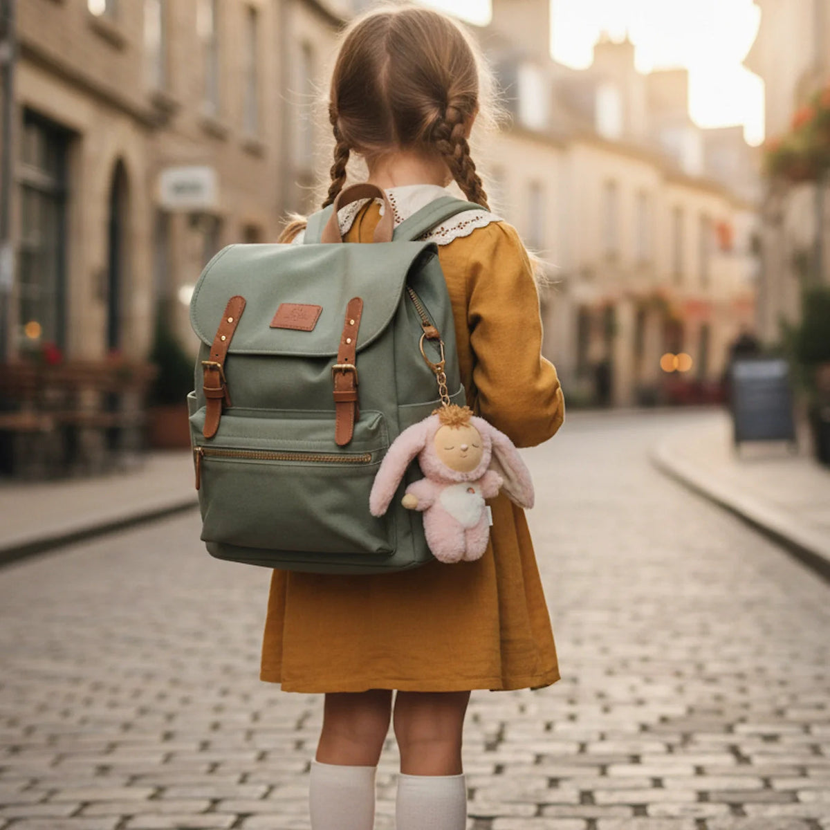 Child with a green backpack and bunny plush toy walking down a street.